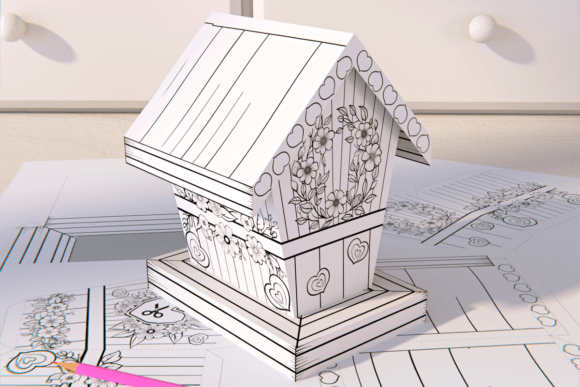 PLR Printable Paper Craft - Coloring Paper Origami Model Birdhouse